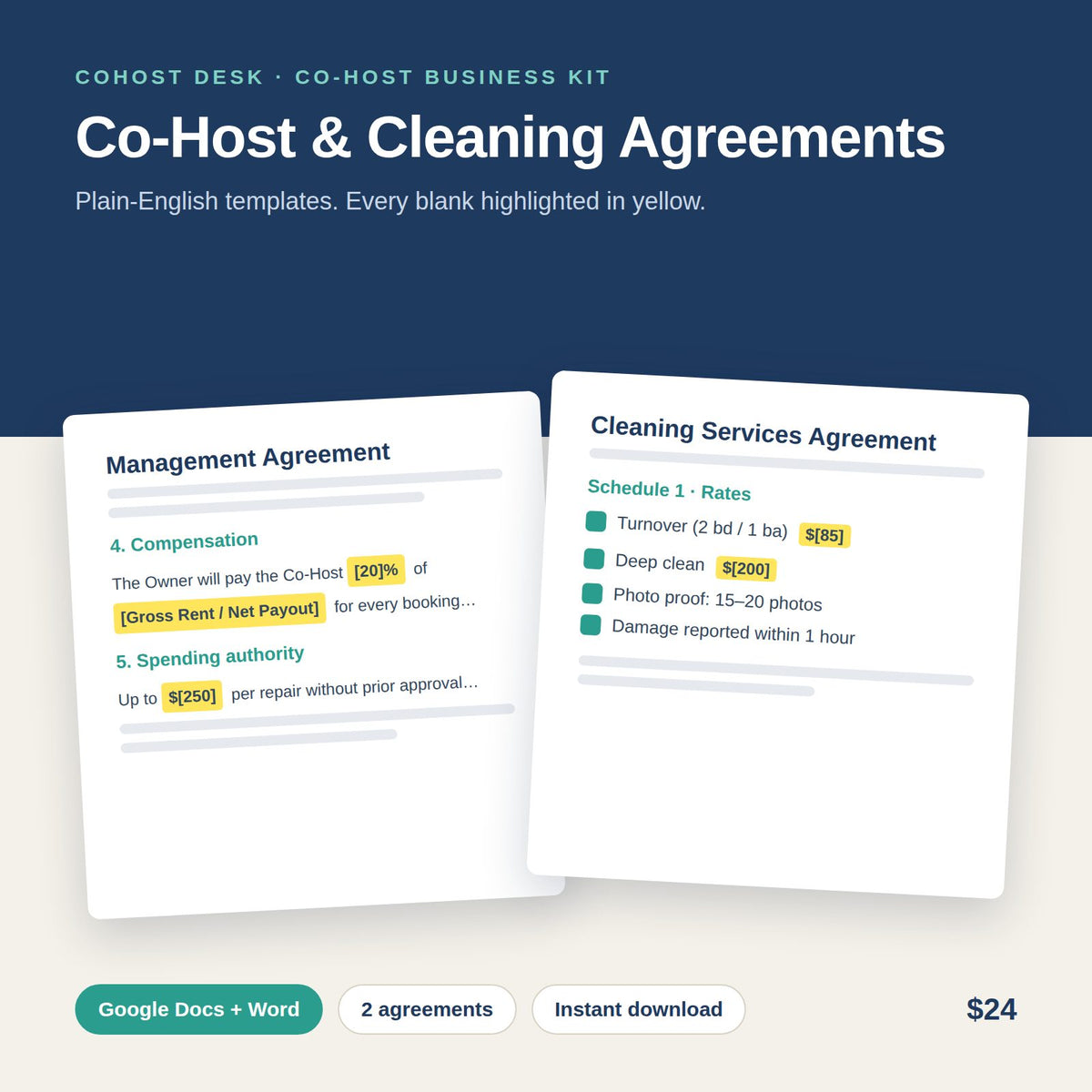 Co-Host Management Agreement + Cleaning Services Agreement Templates