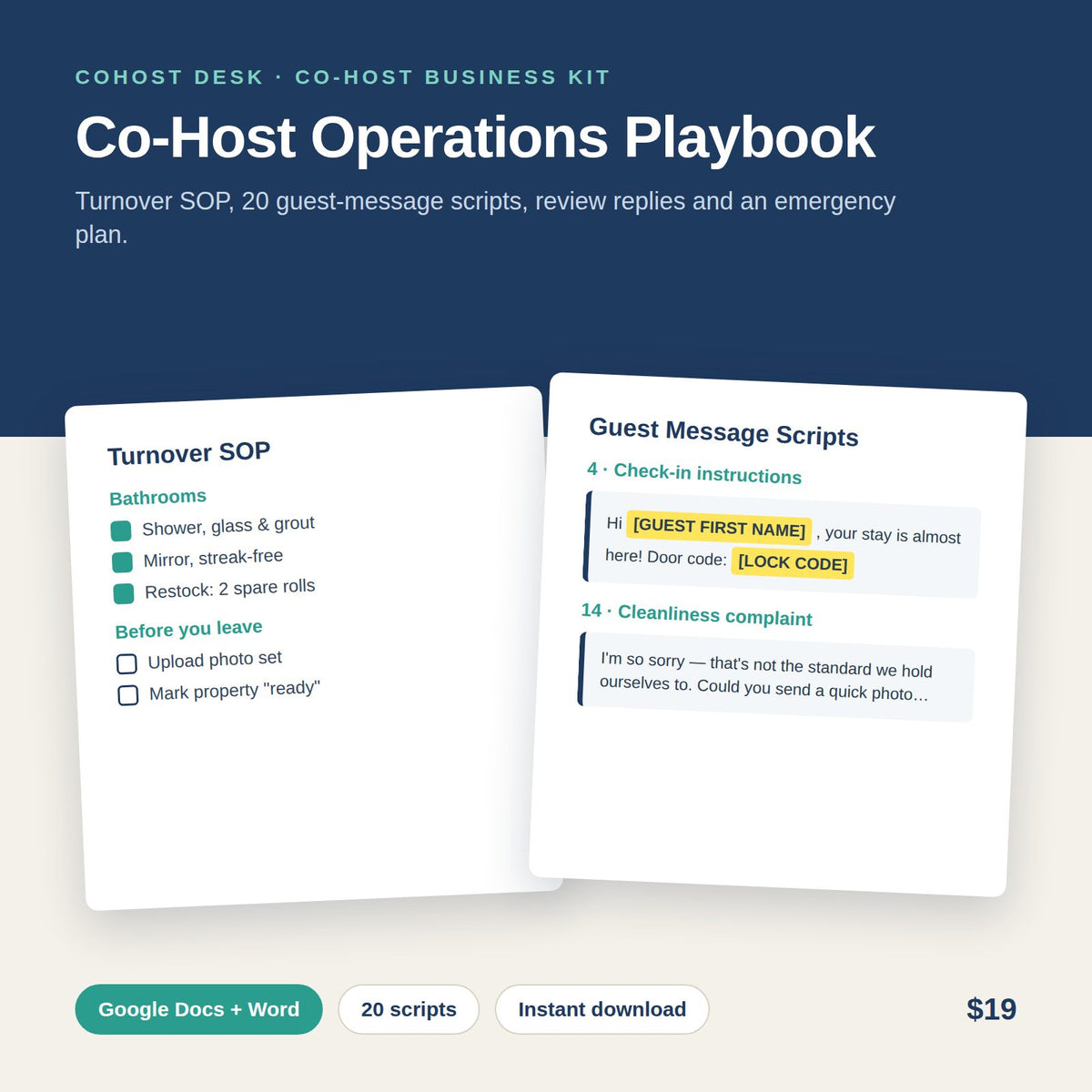 Co-Host Operations Playbook: Turnover SOP + 20 Guest Message Scripts