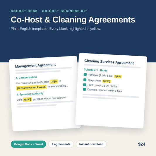 Co-Host Management Agreement + Cleaning Services Agreement Templates